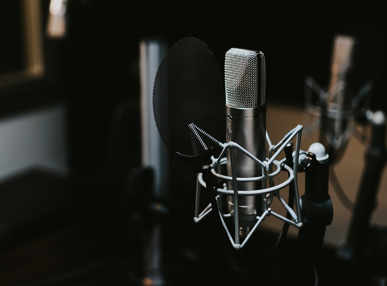 A silver microphone with a pop filter, mounted in a stand.