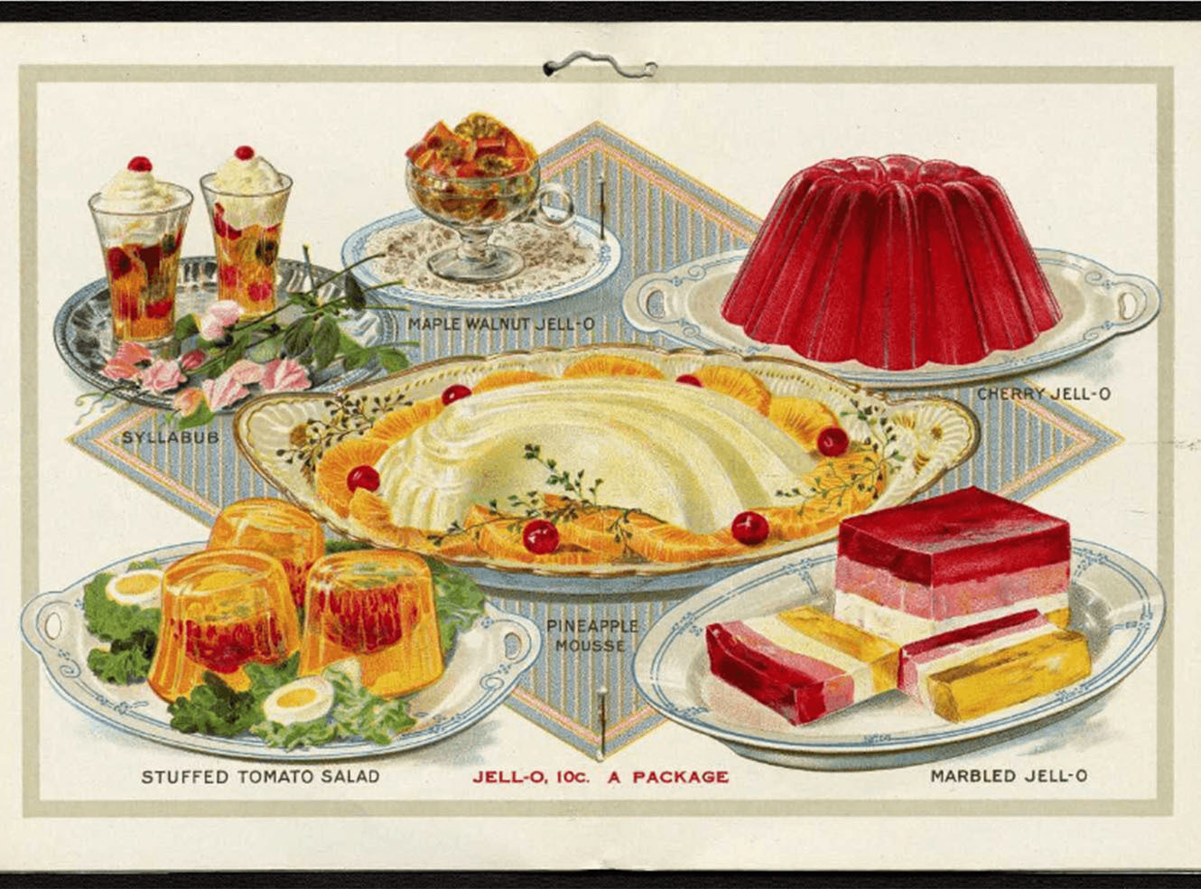 Colourful desserts including fruit parfaits, a jelly mould, and layered gelatine cakes on decorative plates