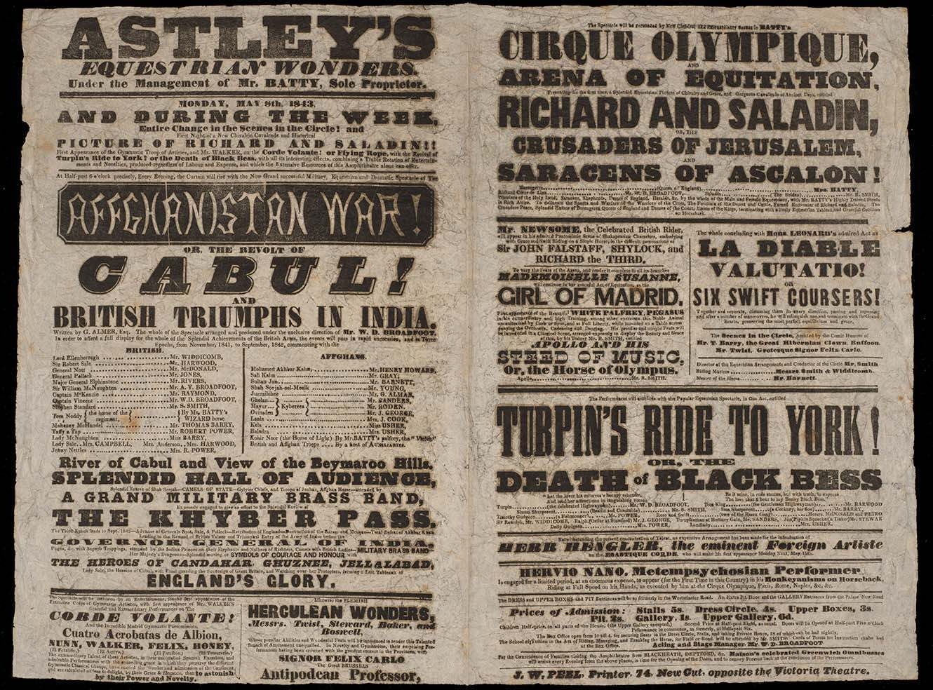 A vintage poster for Astley's Equestrian Wonders, featuring acts and events like the Afghanistan War, horse shows, and performers.