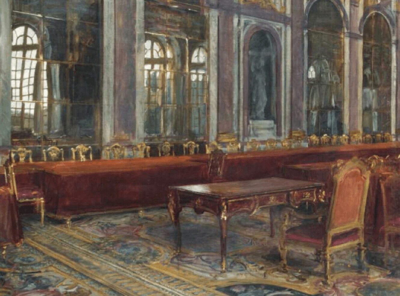 A grand room with tall windows, decorated walls, a long red table, and ornate chairs.