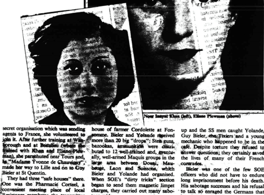 Black and white newspaper clipping showing two women, including a photo of Noor Inayat Khan.