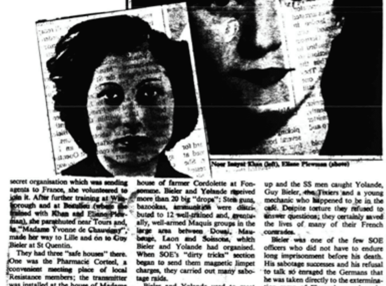 Black and white newspaper clipping showing two women, including a photo of Noor Inayat Khan.