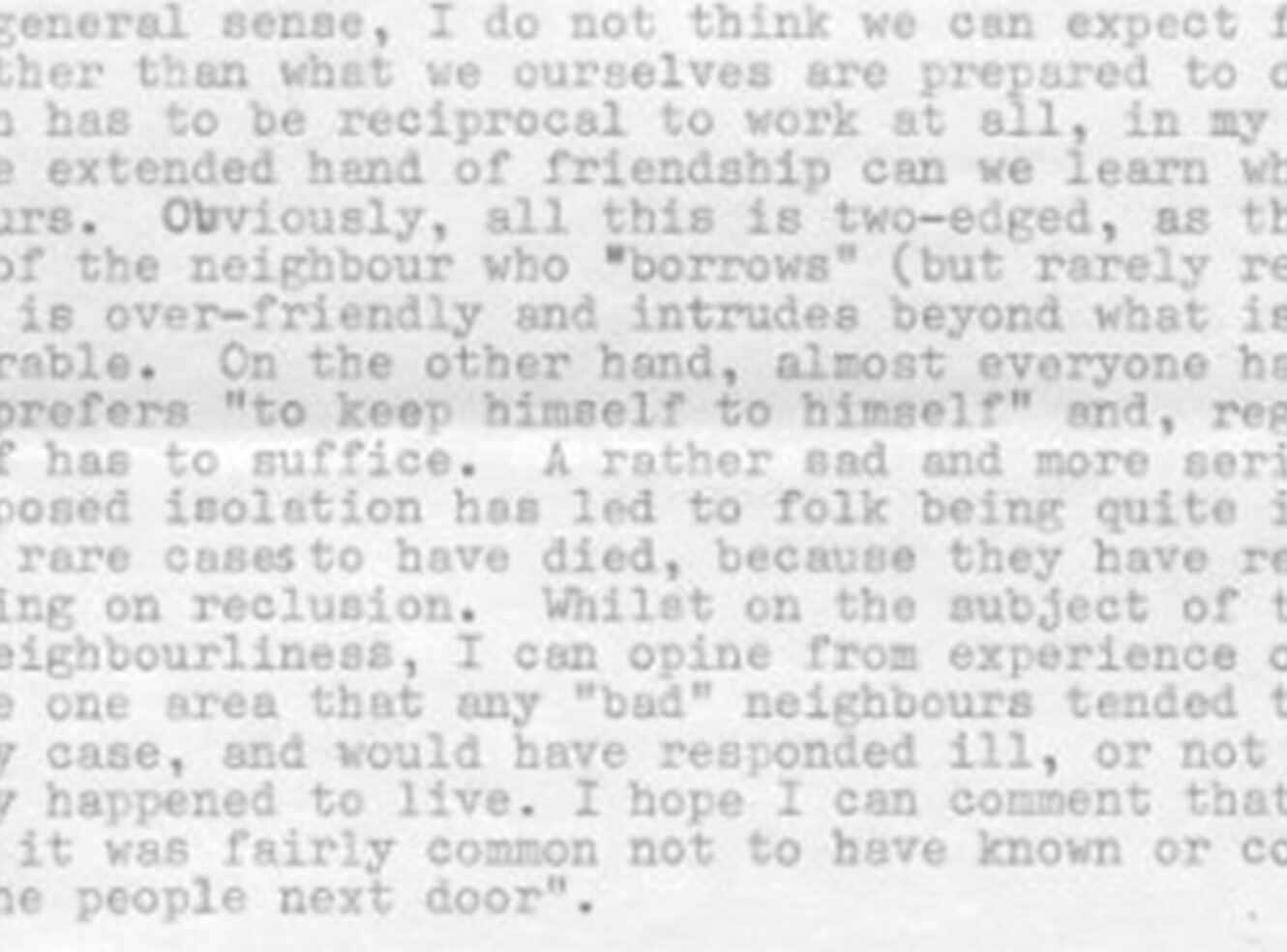 Black and white text document with printed content discussing friendship, neighbourly connections, and social isolation