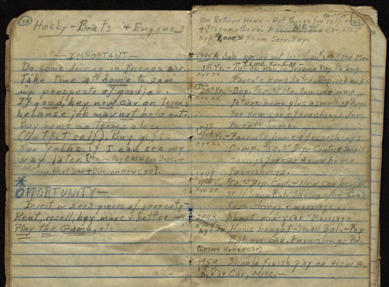 Old handwritten pages with blue lined paper and faded text, showing notes and recipes