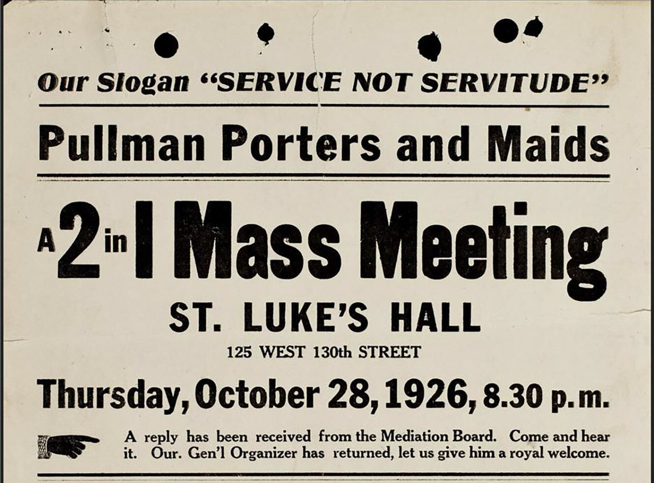 Snippet from a vintage flyer announcing a mass meeting for Pullman porters at St. Luke's Hall on 28 October 1926, featuring speakers.