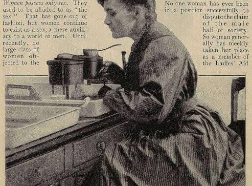 Marie Curie, wearing a dark dress, working at a table with scientific equipment.