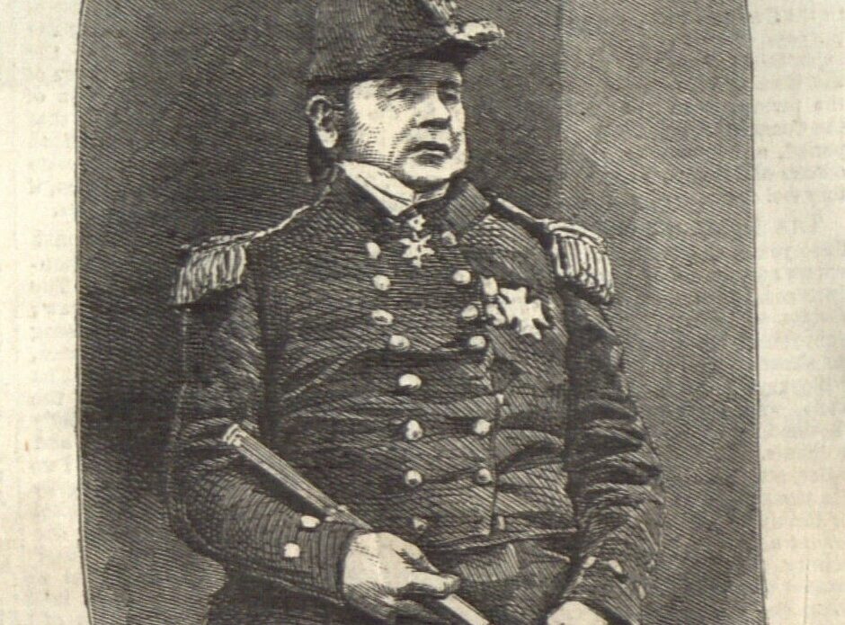 A historical illustration of Captain Sir John Franklin in military uniform, sitting with a cane.