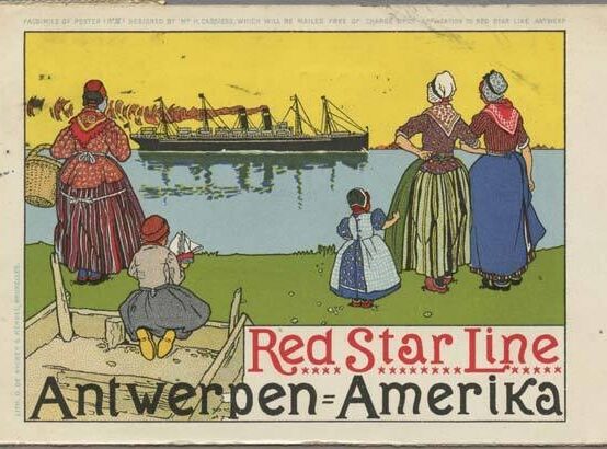 Colourful vintage poster for Red Star Line featuring women in traditional dress watching a ship.