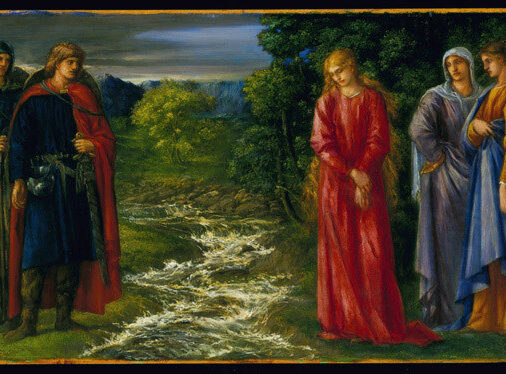 Four figures in historical clothing near a river, with one wearing a red robe. Vegetation and mountains in the background