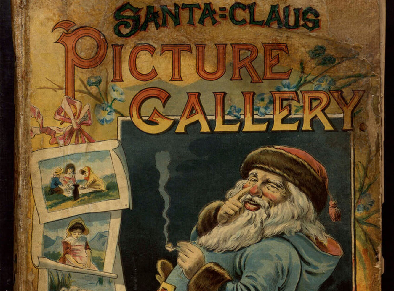 Cover of a book titled 'Santa Claus Picture Gallery' with an illustration of Santa Claus holding a pipe