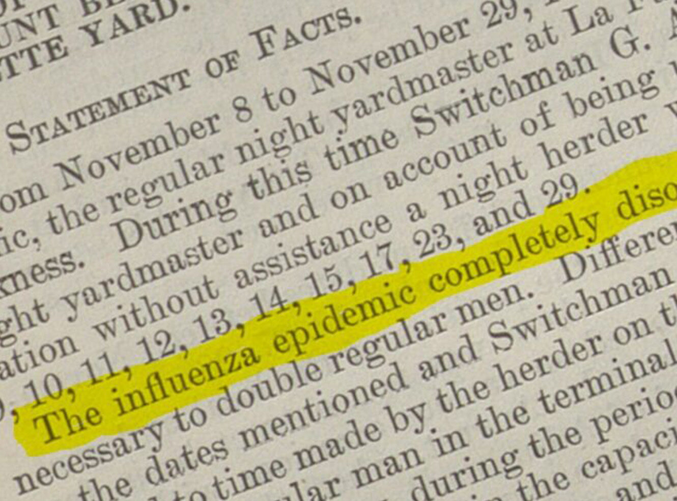 Text from a historical document discussing the influenza epidemic, highlighted in yellow.