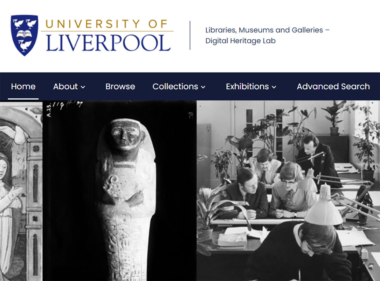 Three images: a medieval painting, an Egyptian sarcophagus, and people working in an office.