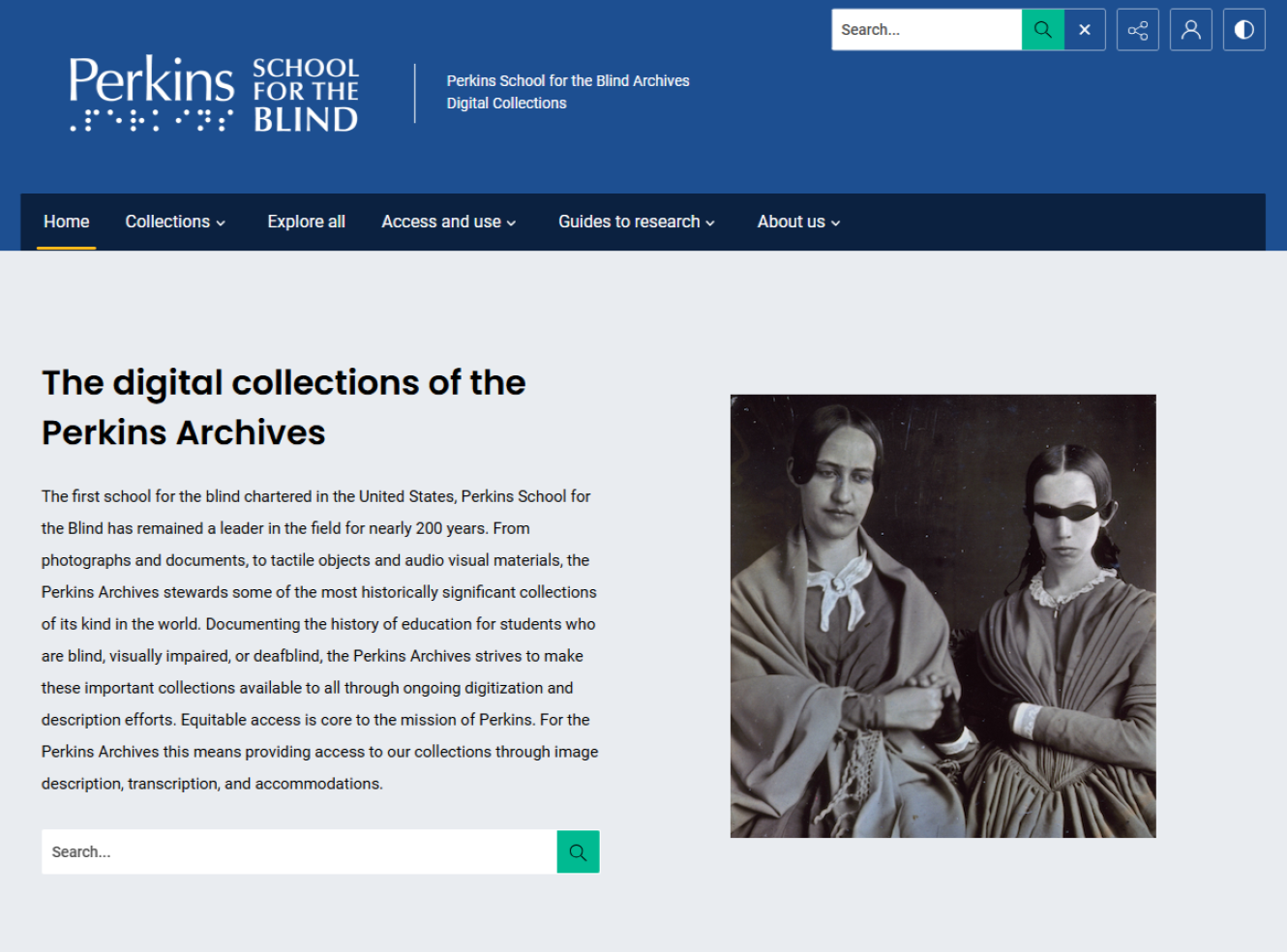 Perkins School for the Blind digital collections home page, showing two women in historical dress, one wearing a shawl and the other dark glasses.