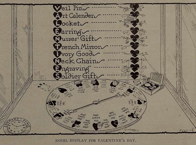 A vintage Valentine's Day display with a spinning wheel showing sayings about love, surrounded by gift options.