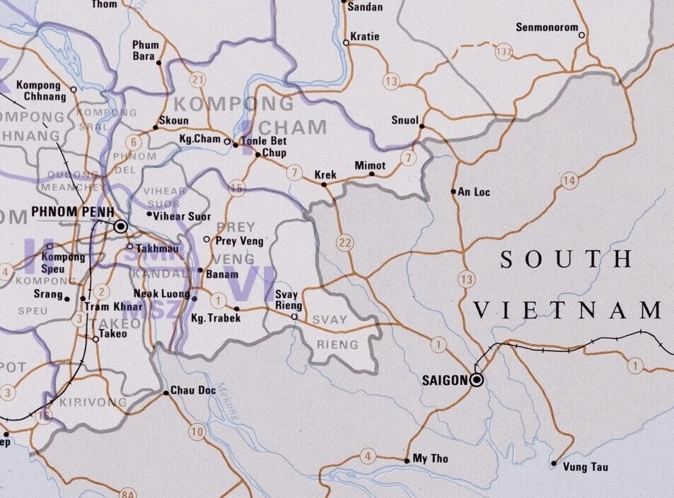 Map of South Vietnam and Phnom Penh showing roads and major cities.