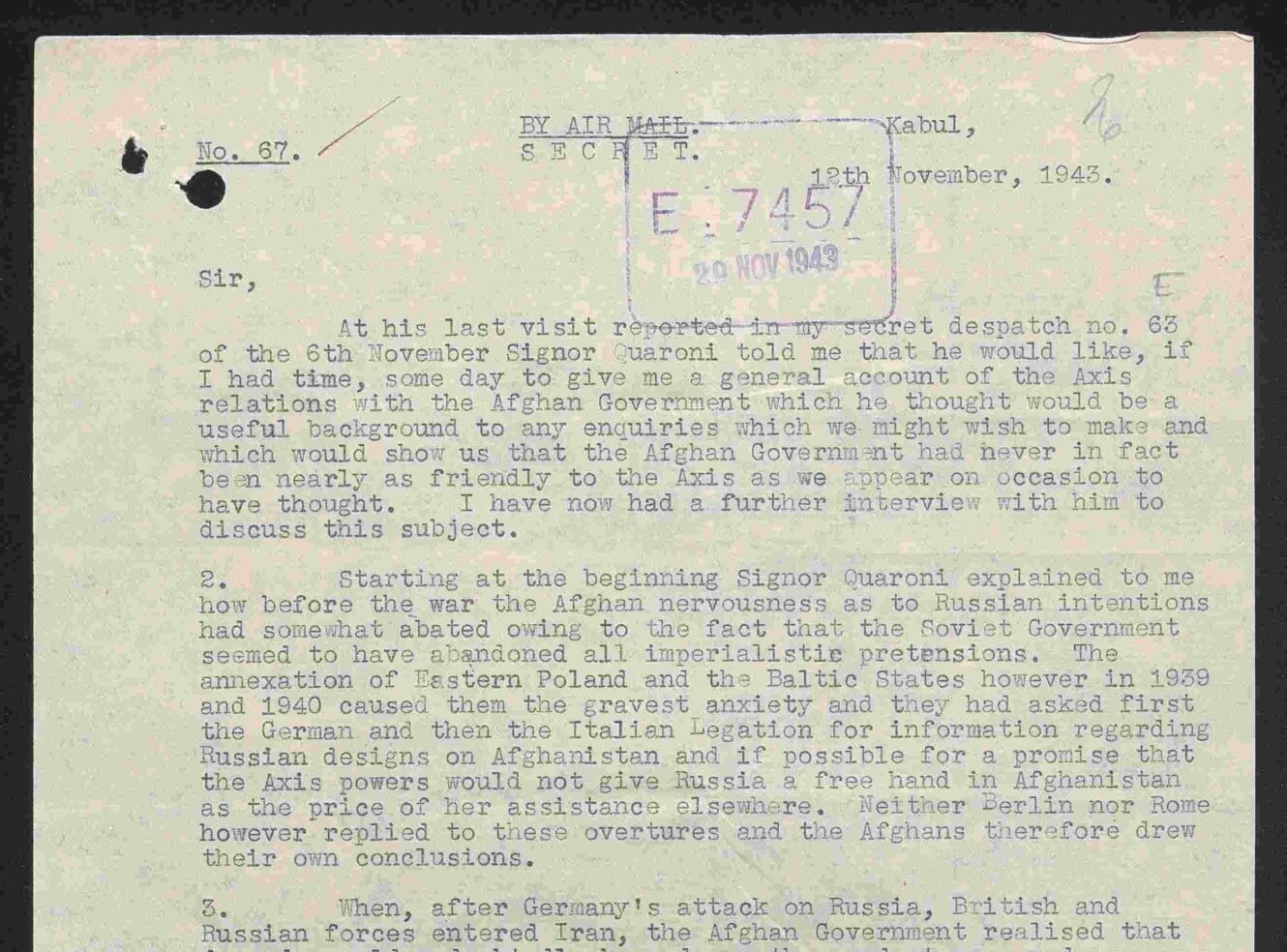 A typed secret dispatch dated November 12, 1943, from Kabul discussing Afghanistan's wartime relations