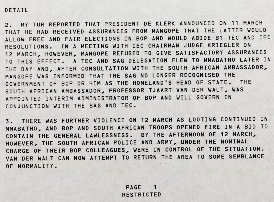 A B&W document featuring by two numbered paragraphs of text in a single-column layout, detailing political updates and ongoing unrest in Bophuthatswana in March 1994.