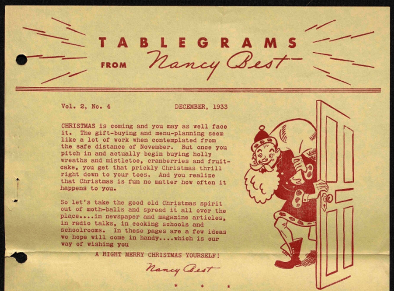 A vintage newsletter titled 'Tablegrams from Nancy Best,' featuring a drawing of Santa Claus carrying a bag by a door