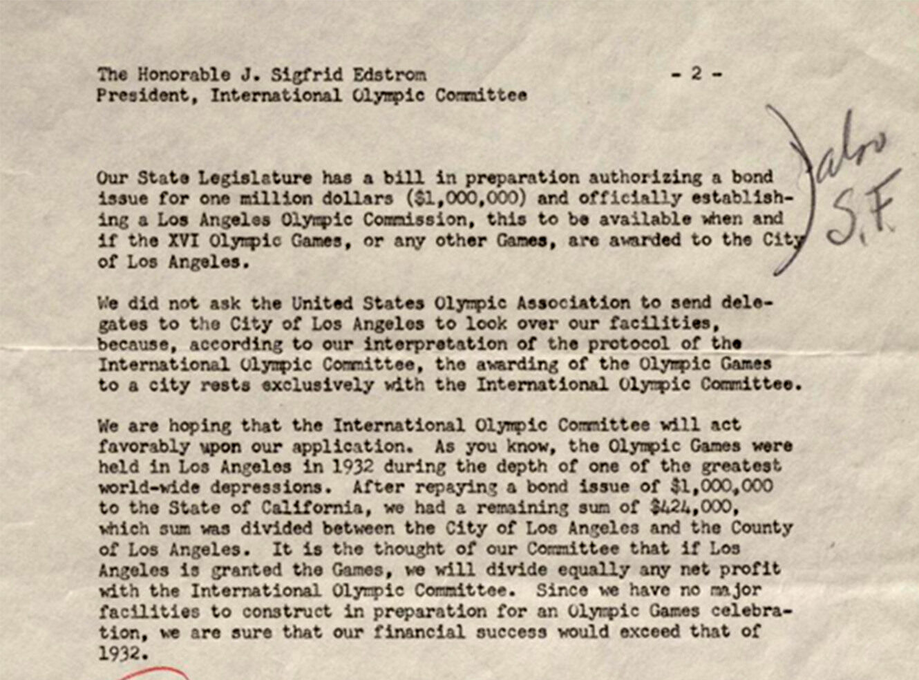 A typed letter to the International Olympic Committee about funding for the Los Angeles Olympic Games.