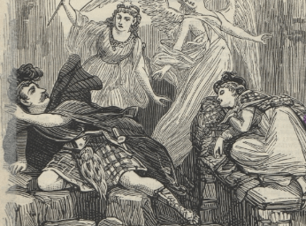A vintage illustration featuring two angels and a woman in a gown, surrounding a distressed man resting on rocks
