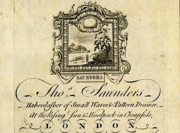 An antique advertisement for Tho's Saunders, a haberdasher in London, with decorative border and text detailing products.
