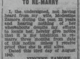 A newspaper notice from Vincent Zamore about re-marrying after not hearing from his wife for 22 years.