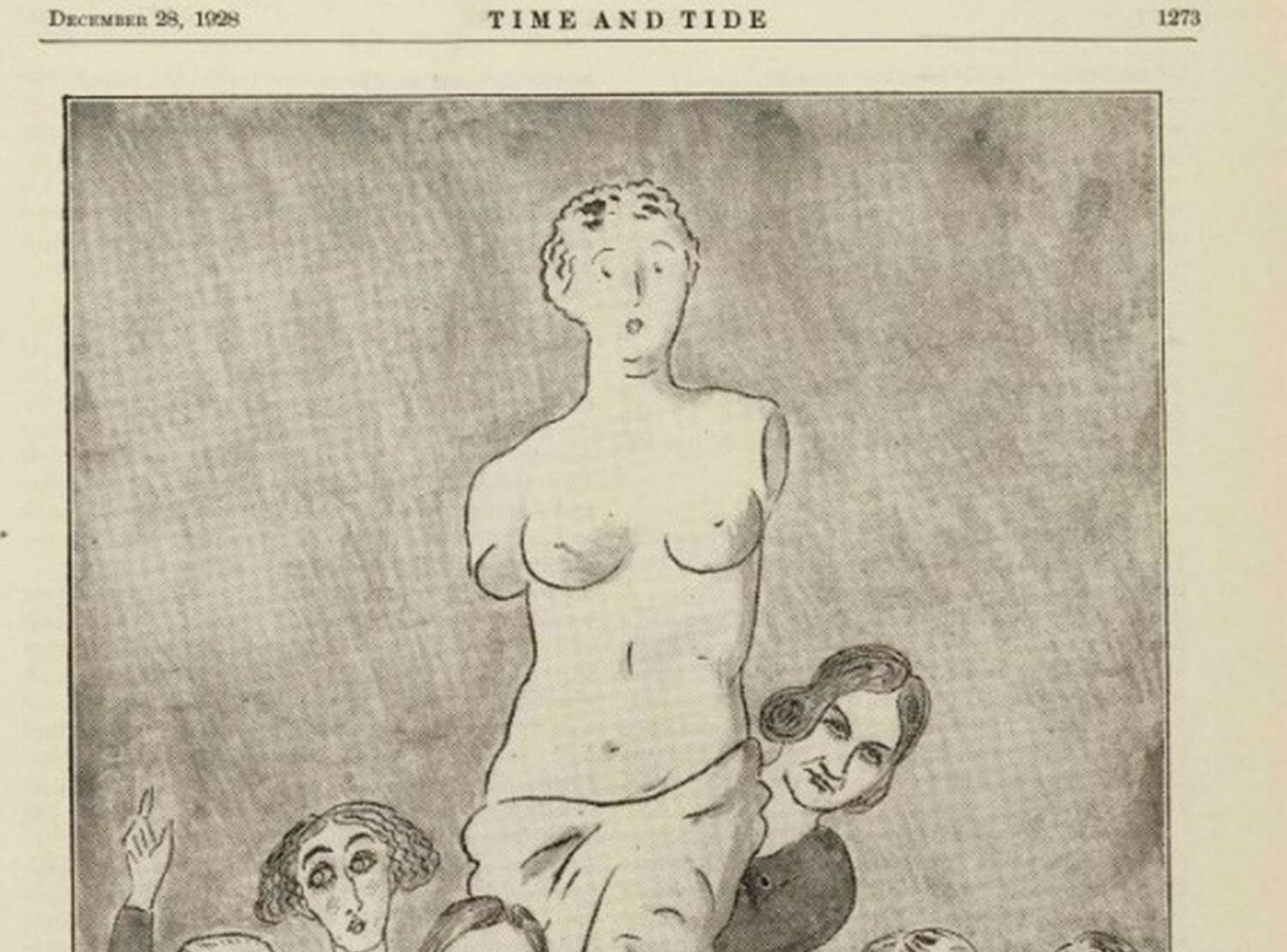 A grayscale cartoon sketch of a statue with no arms standing above a crowd of women.