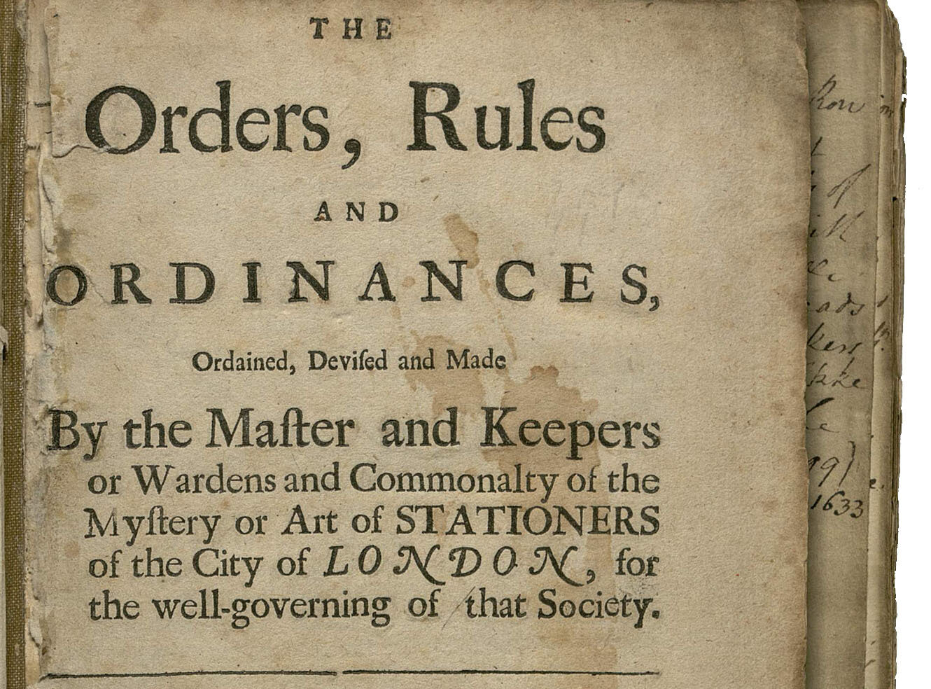 Title page of a 1692 book of rules issued by the London Stationers Company