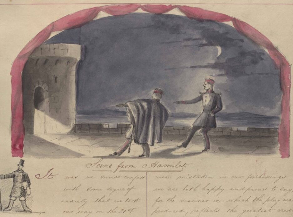 A scene from Hamlet, featuring two men on a stage with a castle backdrop and a cloudy sky.