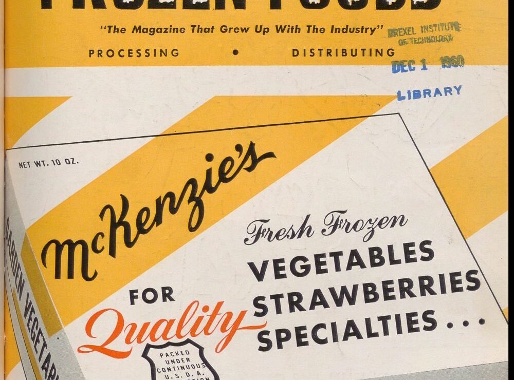 Vintage advertisement for McKenzie's frozen foods, featuring vegetables and strawberries