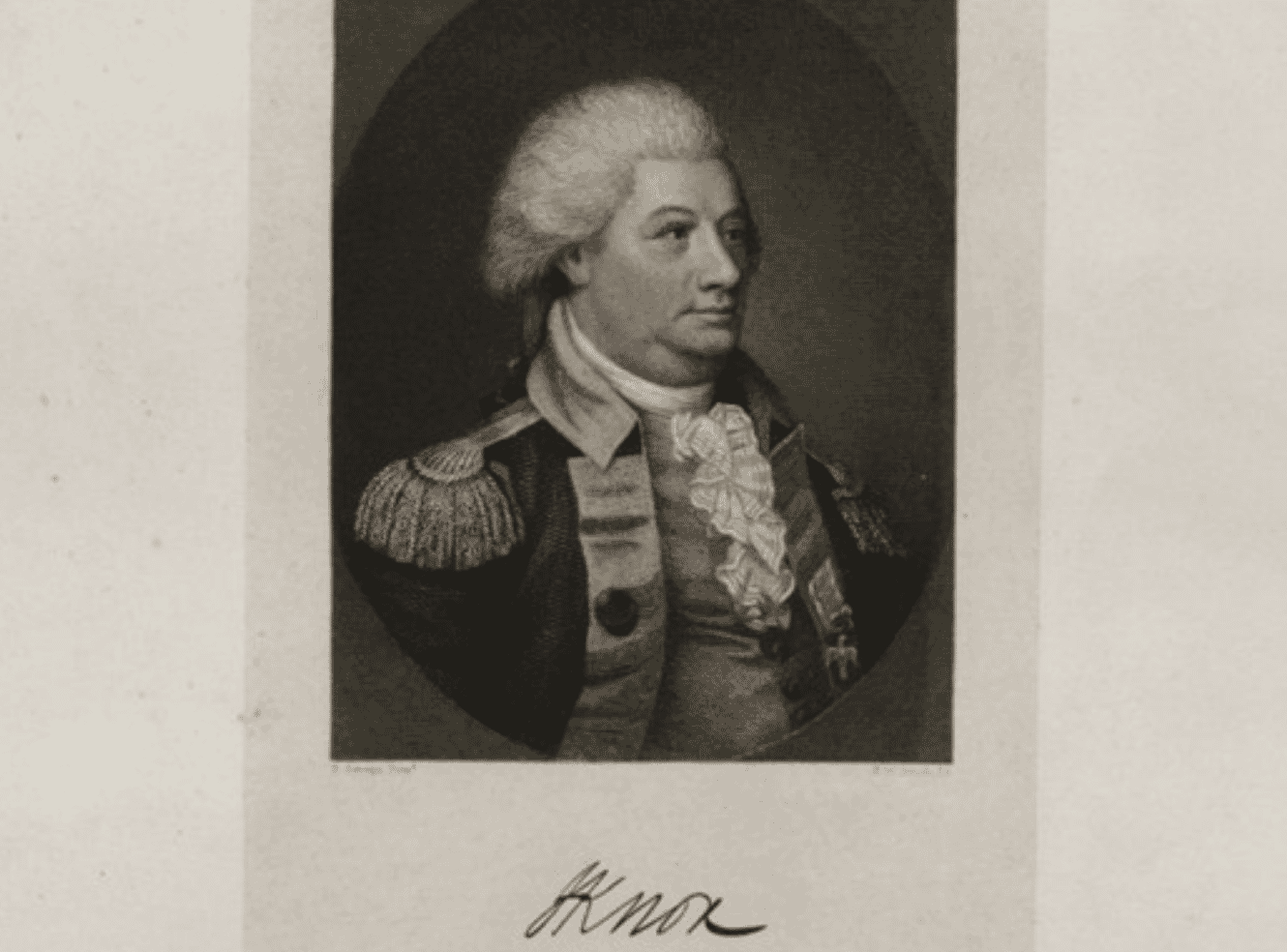 A portrait of Henry Knox in American military uniform from the Revolutionary War, with 'Knox' written below.
