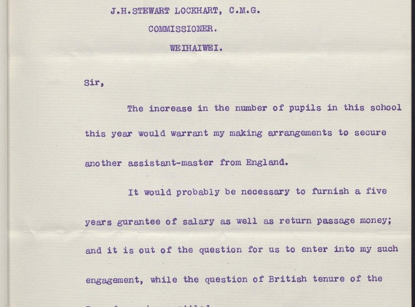 A typed leter discussing arrangements for an assistant-master for a school.