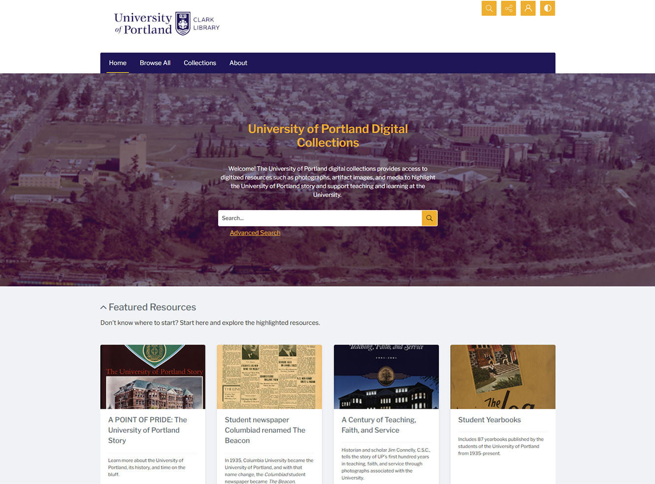 The University of Portland Library Digital Collections homepage, featuring a search bar, navigation menu, and highlighted resources such as student newspapers, yearbooks, and historical exhibits