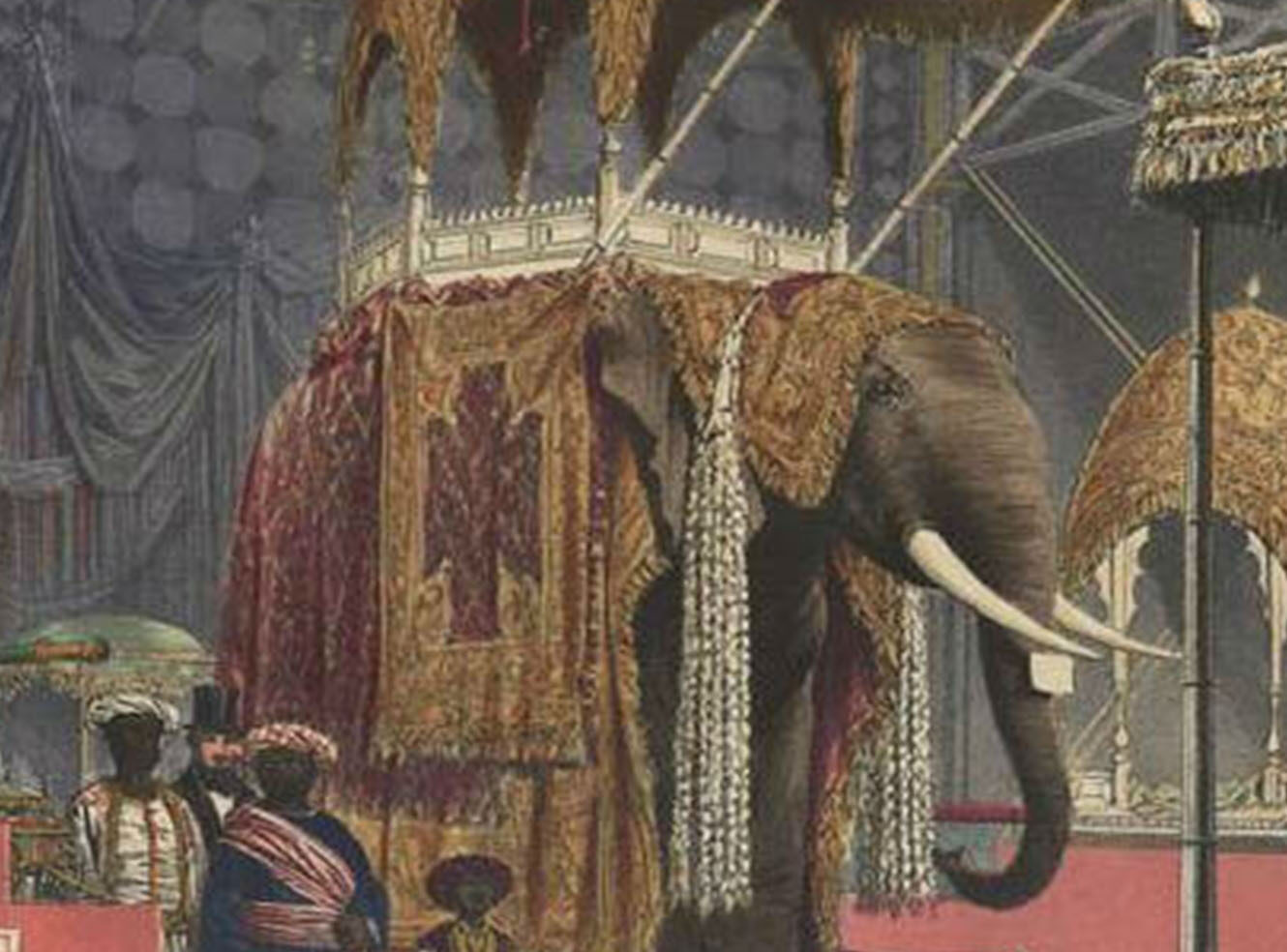 An illustration of a richly decorated elephant wearing a canopy in an exhibition space with onlookers.