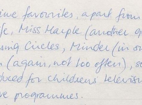 Handwritten notes listing favourites, including titles and themes
