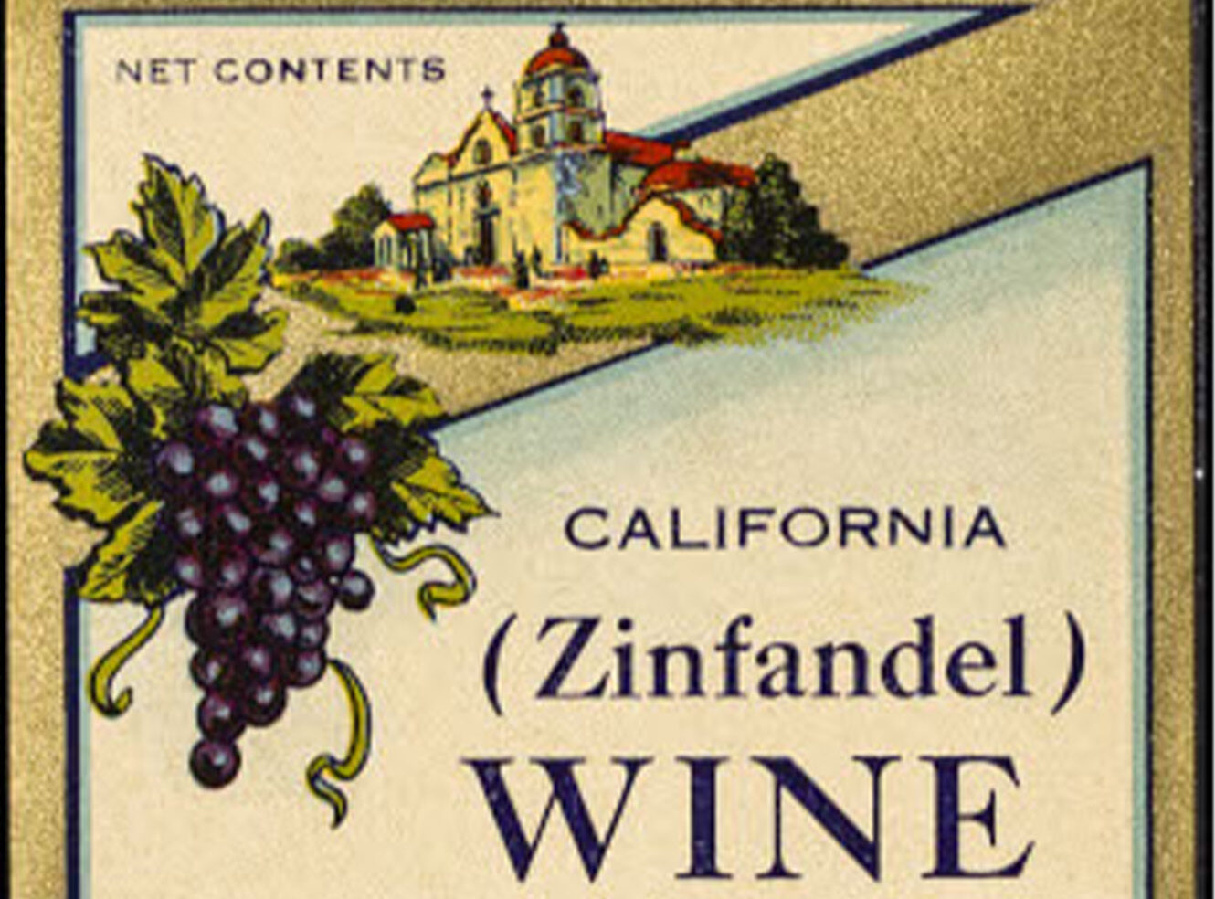 Label for California Zinfandel wine featuring grapes and a winery illustration