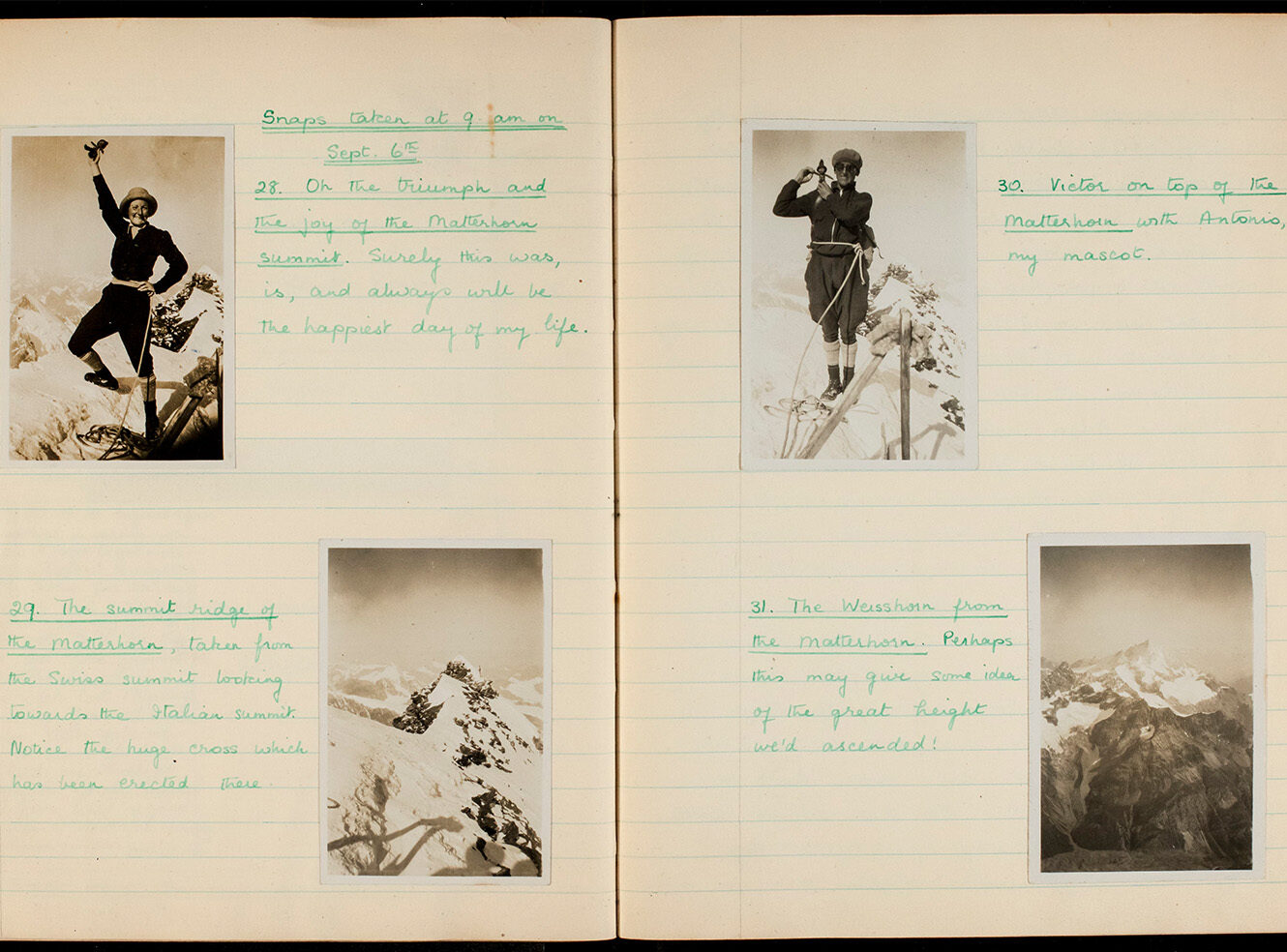 A vintage scrapbook page with four black and white photos of climbers on snowy mountains, featuring handwritten notes
