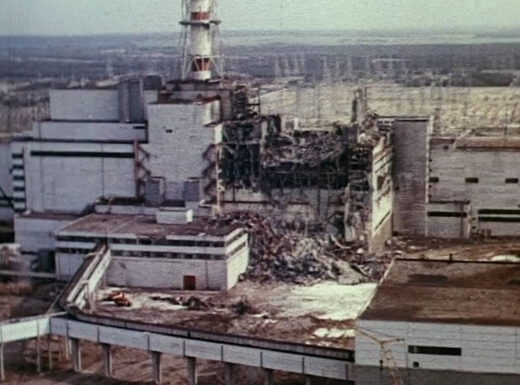 The Chernobyl nuclear power plant, showing significant damage and destruction.