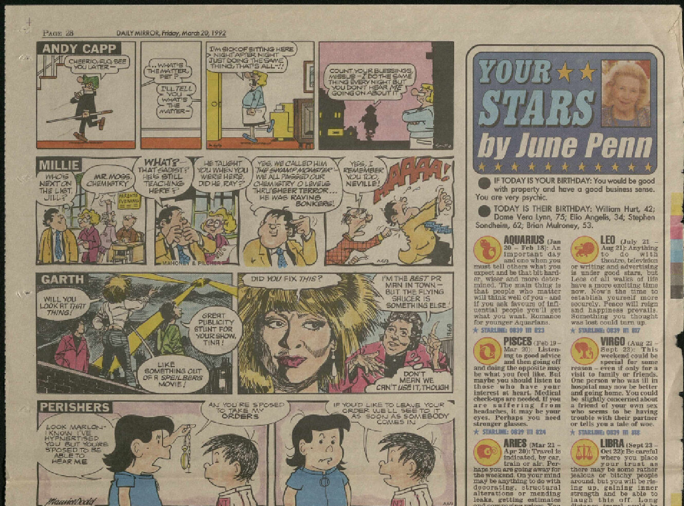 A newspaper comic strip with characters, jokes, and astrological predictions.