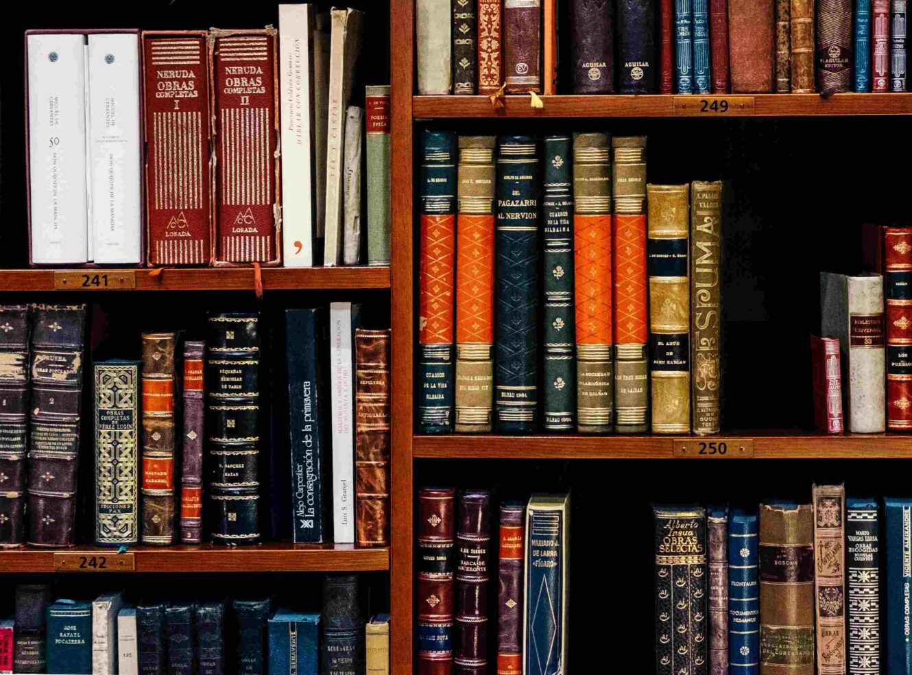 A bookshelf filled with books of varying colours, sizes arranged in rows and stacks to create an organised and scholarly appearance