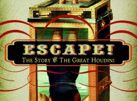 Book cover titled 'Escape! The Story of the Great Houdini' by Sid Fleischman. Features a man underwater in a escape box