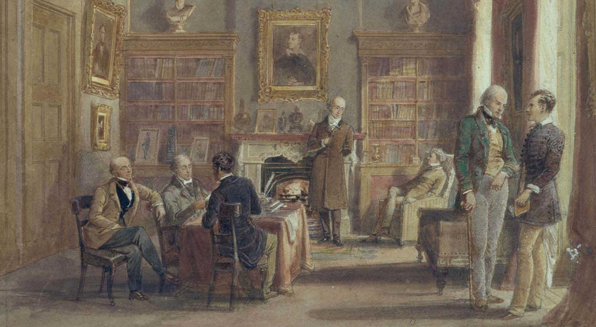 Several gentlemen in a large Victorian style room with bookcases, busts, paintings and a fireplace.