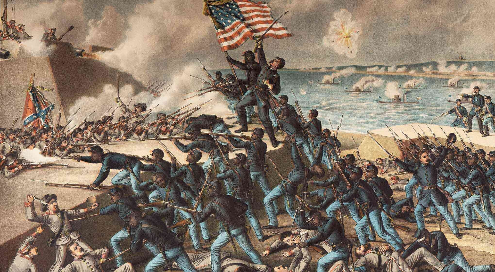 Soldiers in blue and grey uniforms at Fort Wagner, waving the American flag whilst in battle.