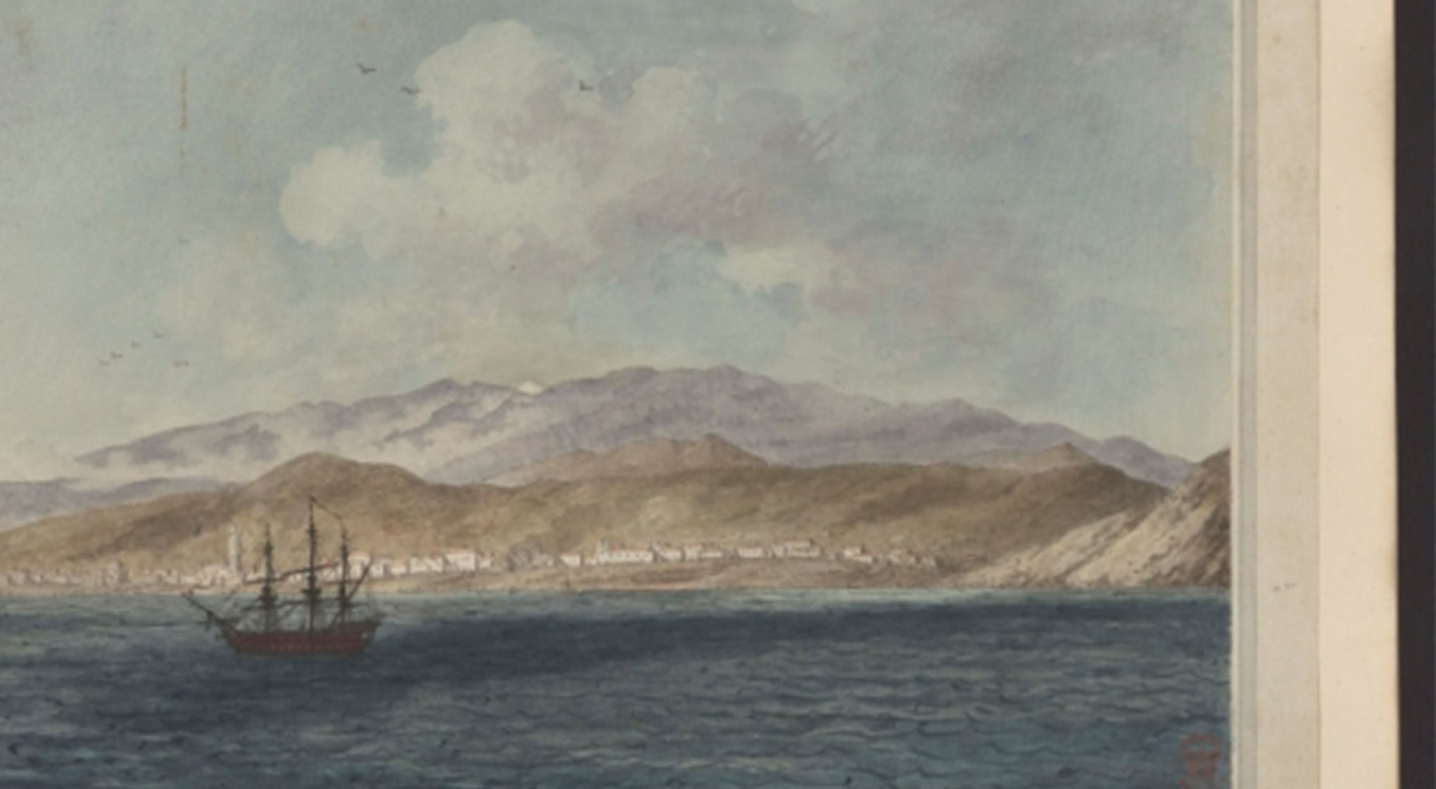 A watercolour painting of a ship near a coastal mountain landscape.
