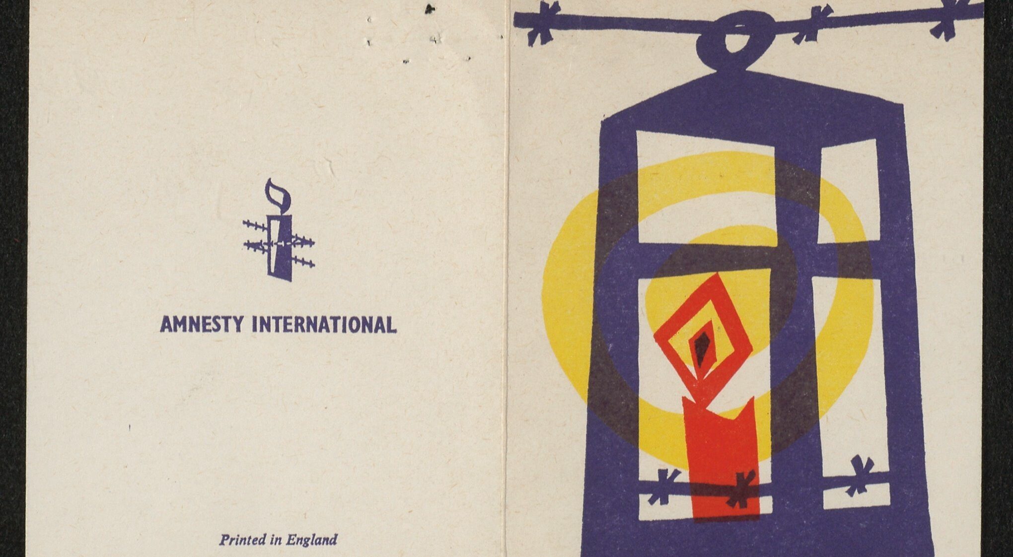 A drawing of a candle in barbed wire and a lantern cage, with the text 'Amnesty International'.