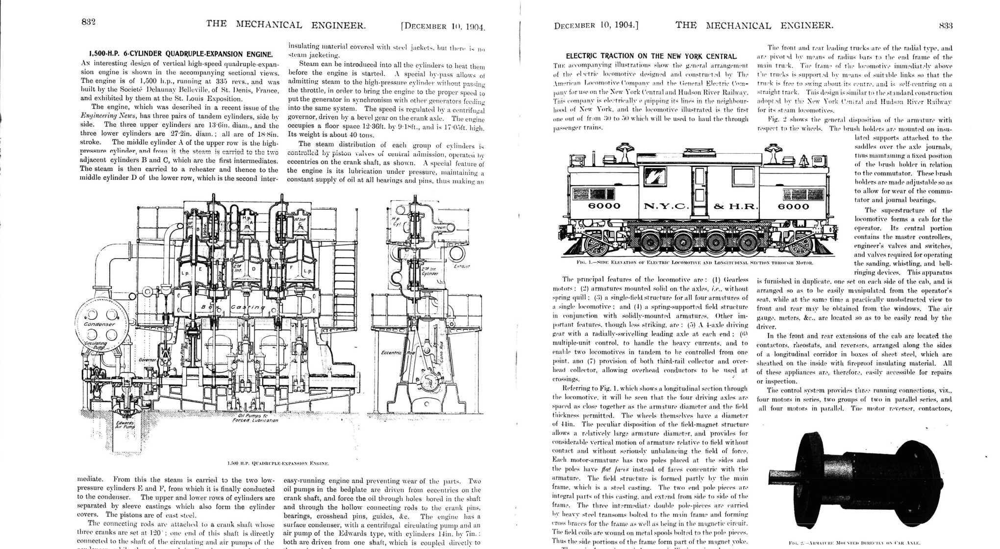 Blueprints of a 1,500 H.P. six-cylinder quad-expansion engine and electric locomotive design.