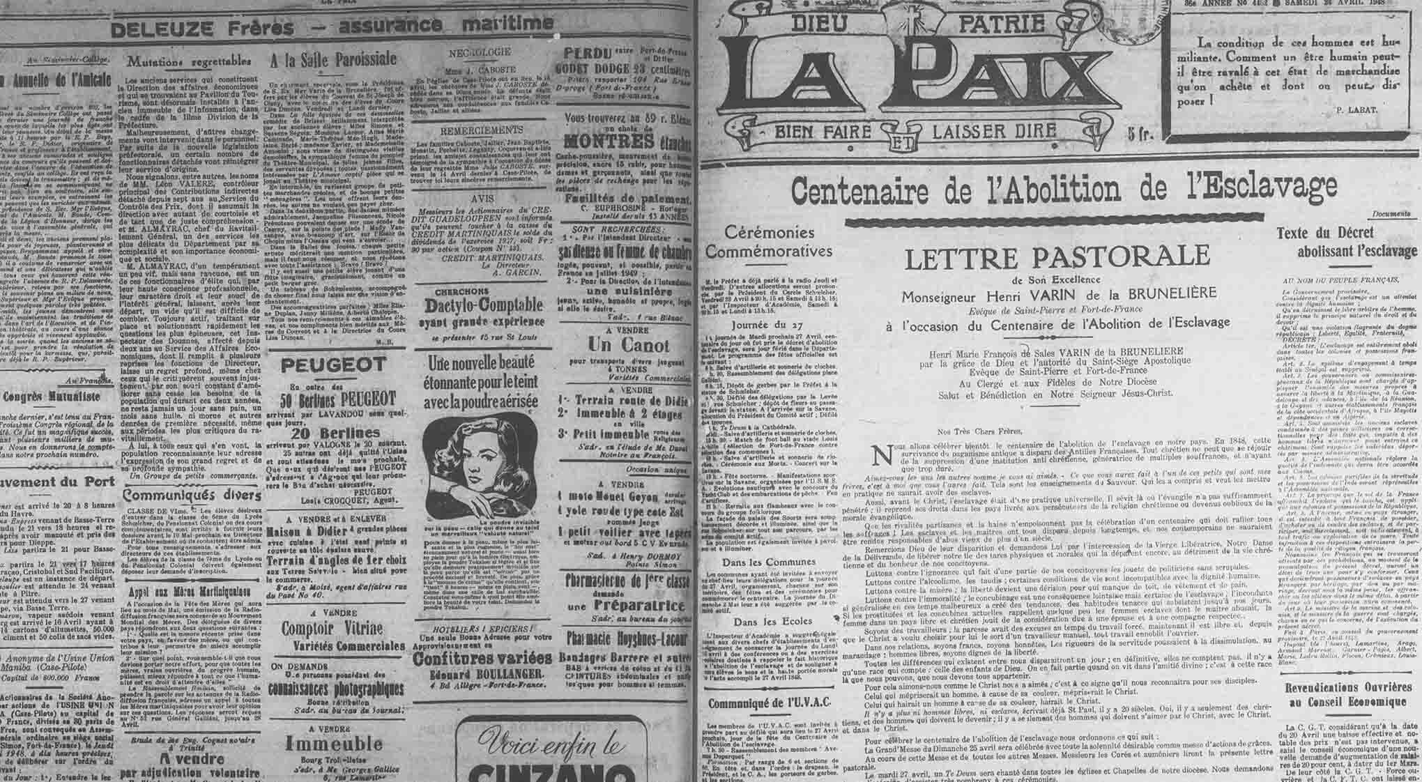 A newspaper page titled "La Paix", with articles in French and advertisements.