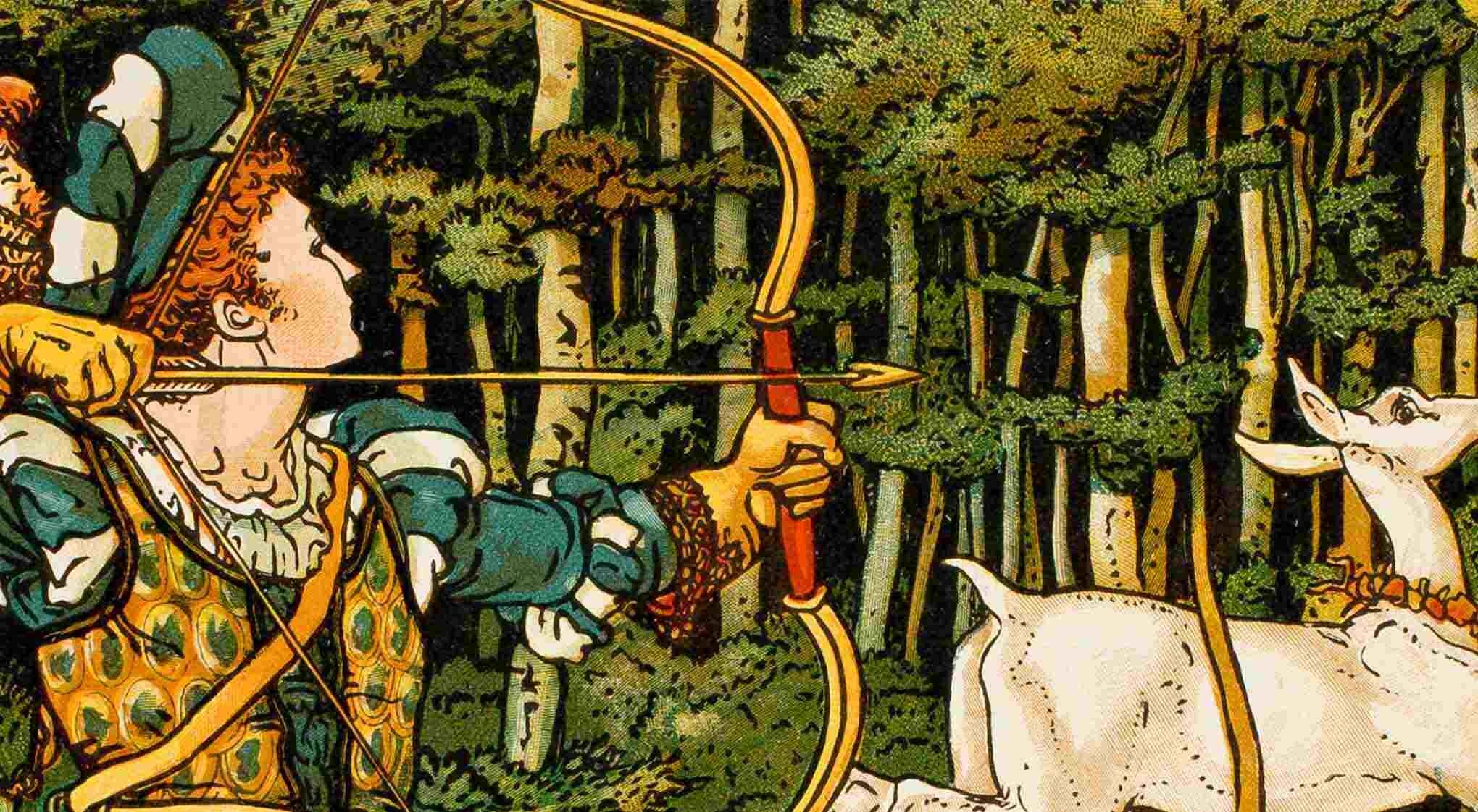 An archer in a doublet and hat aiming a bow at a white deer in a forest.