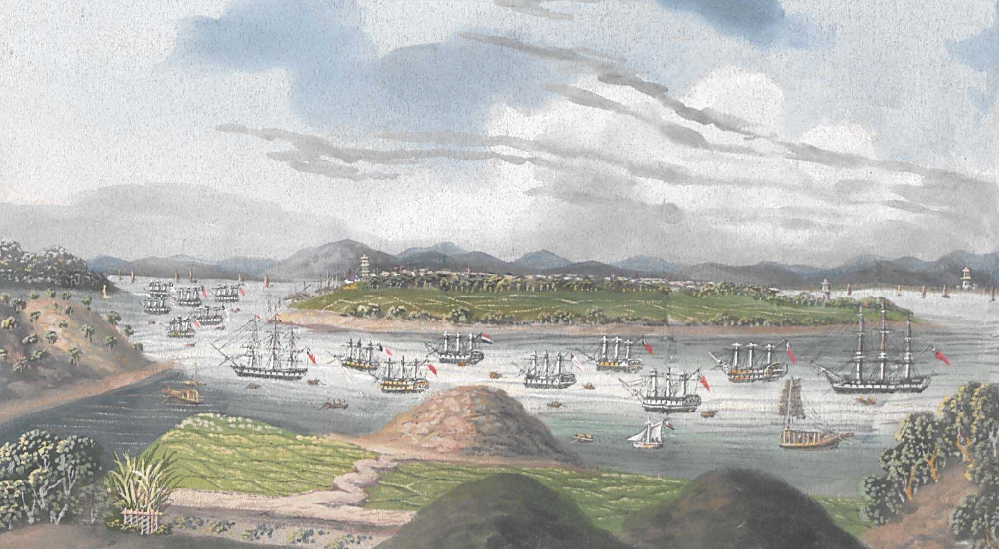 A coastal scene with trade ships in the water surrounded by green fields and distant mountains.