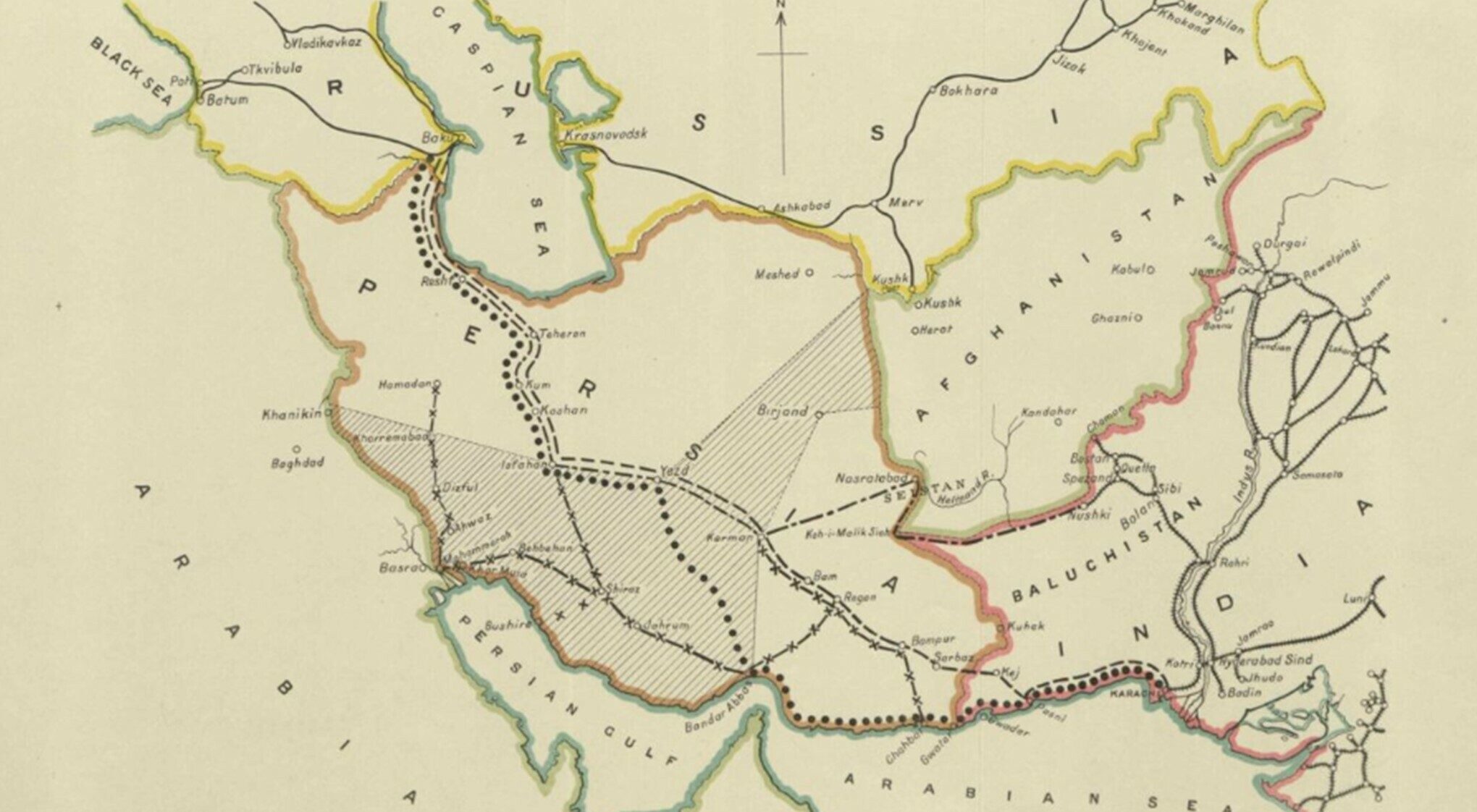 A historical map showing borders and regions in Persia, India, Afghanistan and surrounding nations.